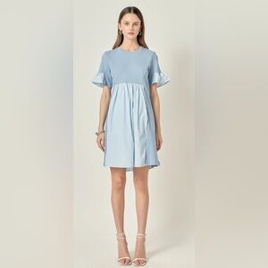 NEW English Factory Knit Stripe Woven Mixed Dress Blue & White Sz S